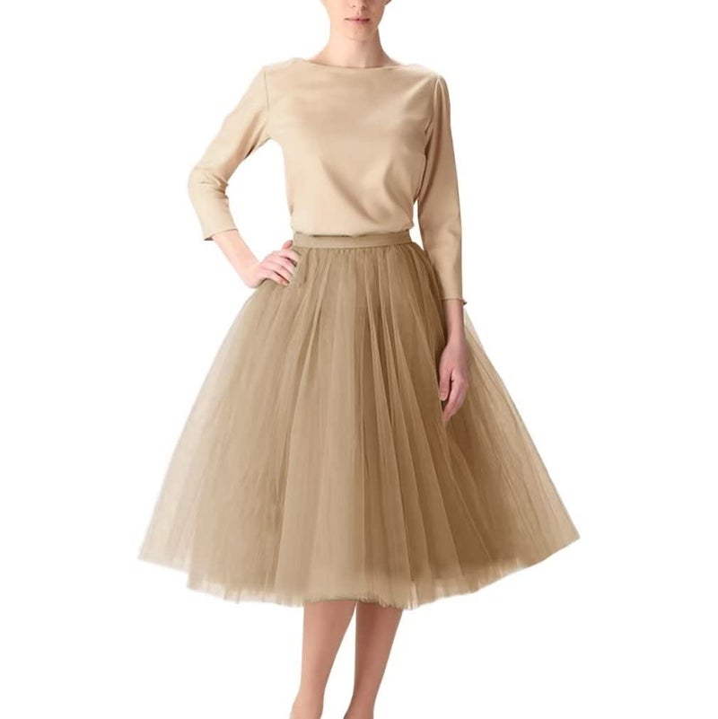 WDPL Adult A-line Tulle Skirt Bridesmaid Petticoat Tutu for Women (Small, Khaki) - Image 1